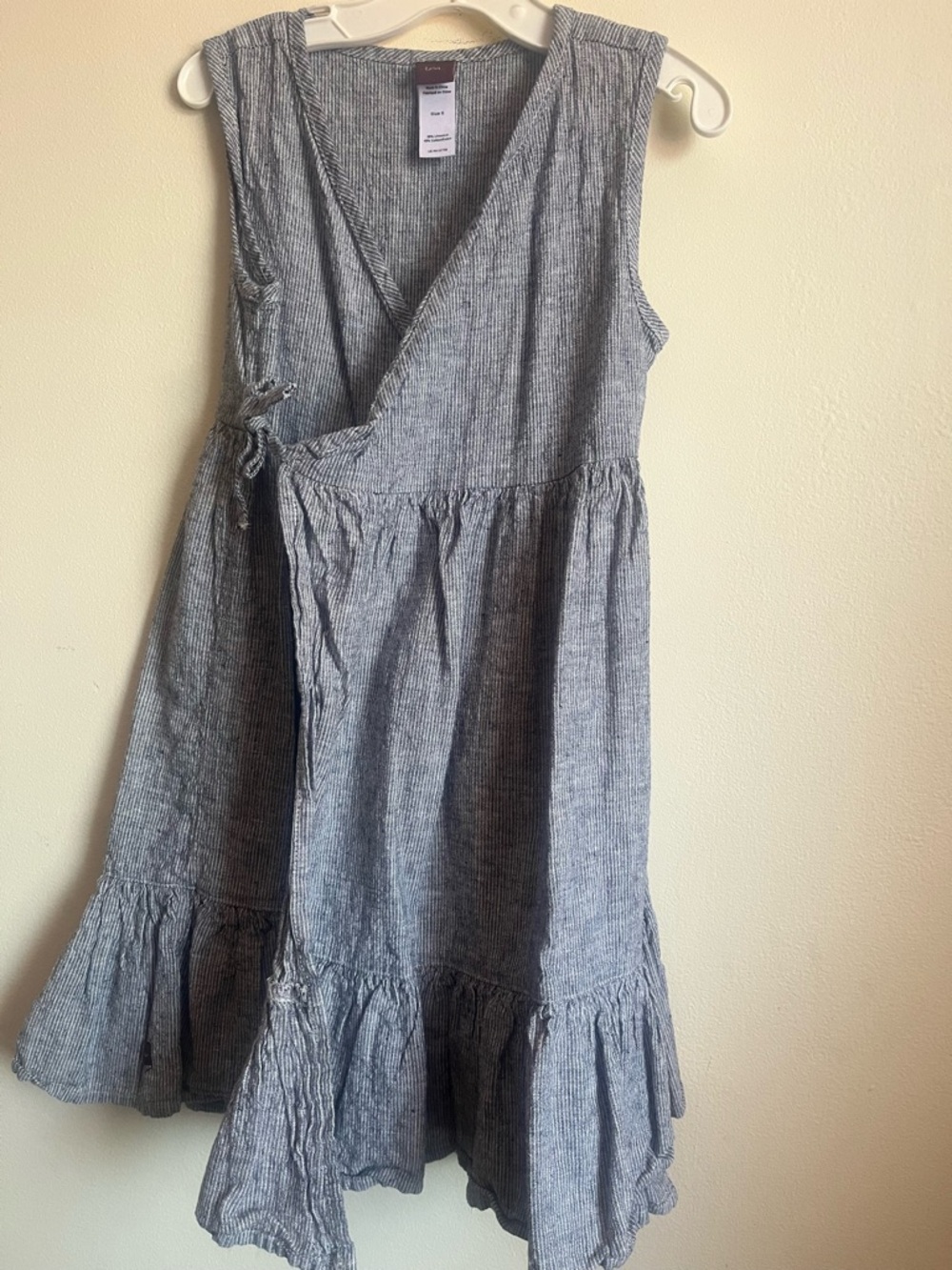 Girls' Sleeveless Blue Wrap Dress with Ruffle Hem size 6